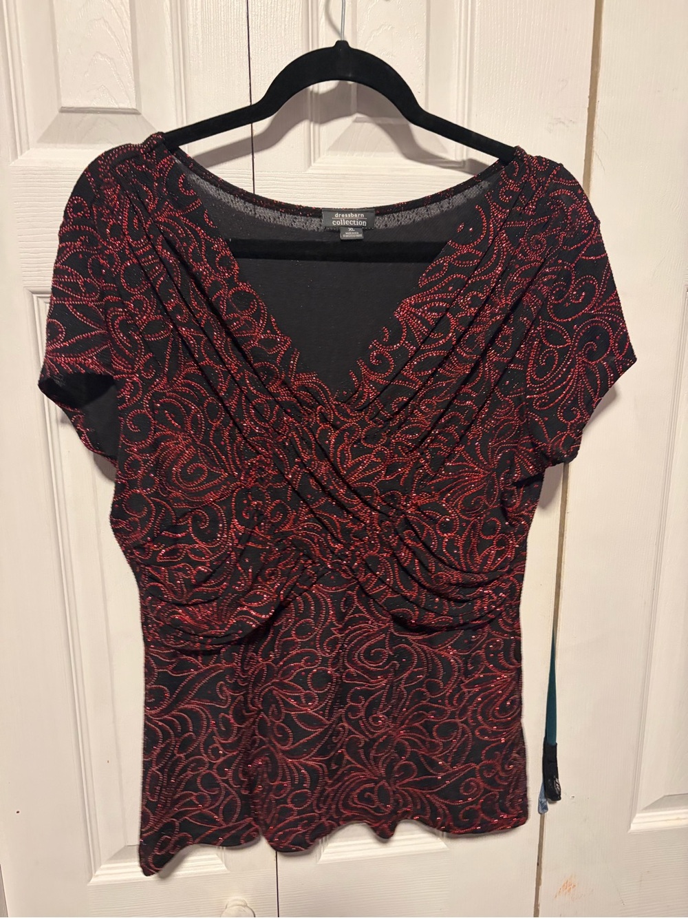 Dress Barn Black Top with Red Swirl Twist-Front